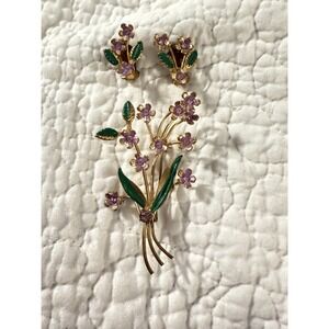 Vtg Made In Austria Flower Pin & Clip on Earrings Gold‎ Tone Enamel Crystal